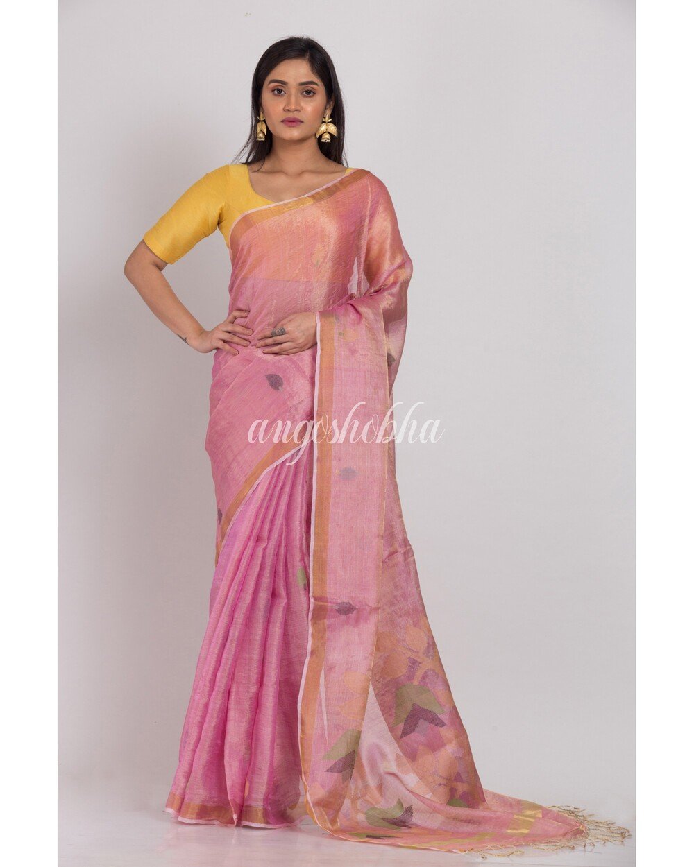 Women's Pink Tussar Silk Jamdani Saree - Angoshobha