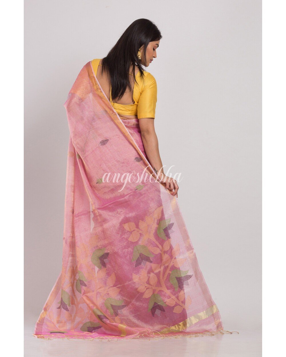 Women's Pink Tussar Silk Jamdani Saree - Angoshobha