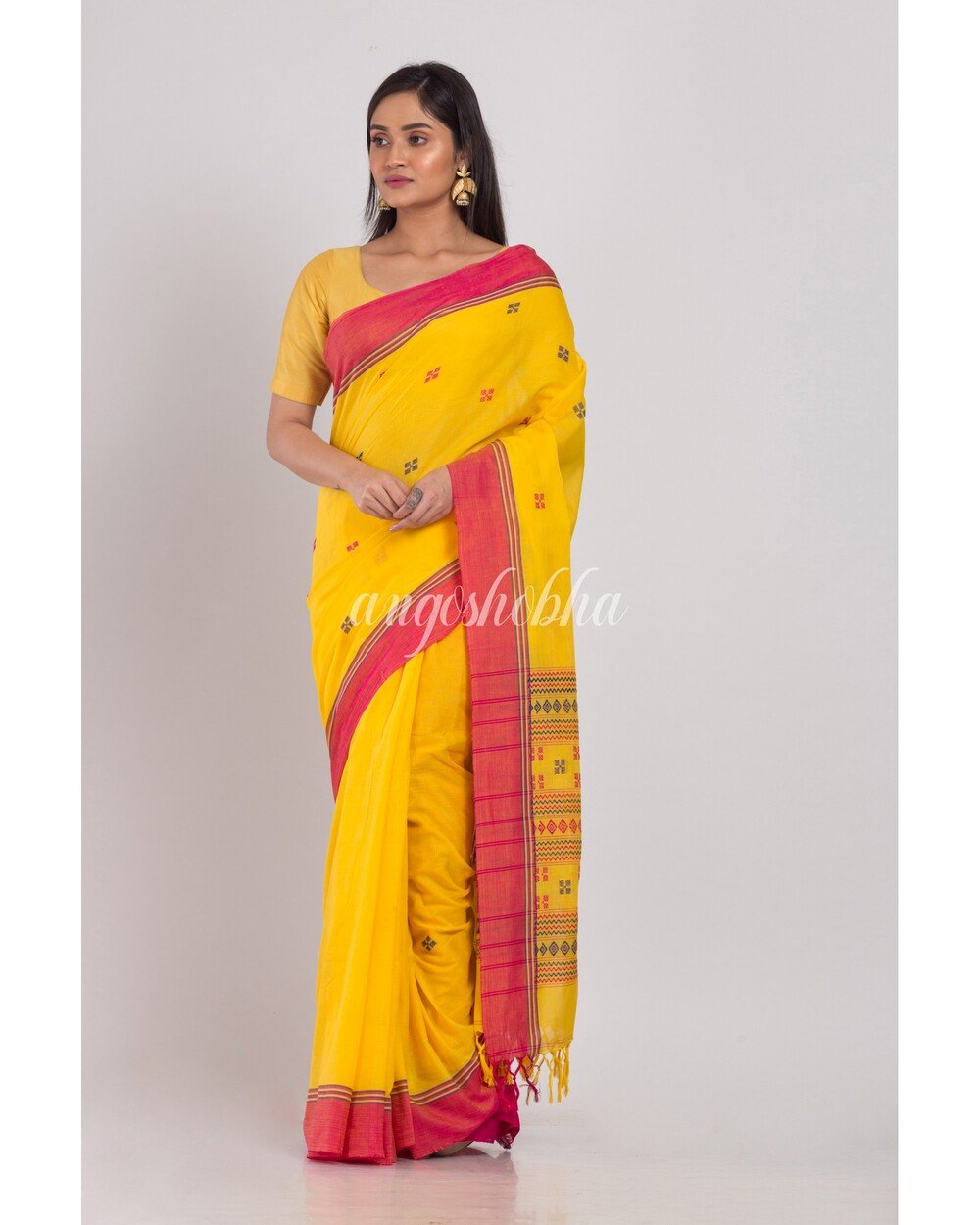 Women's Khadi Cotton Yellow Handloom Saree - Angoshobha