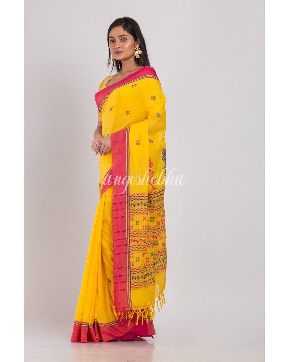 Women's Khadi Cotton Yellow Handloom Saree - Angoshobha