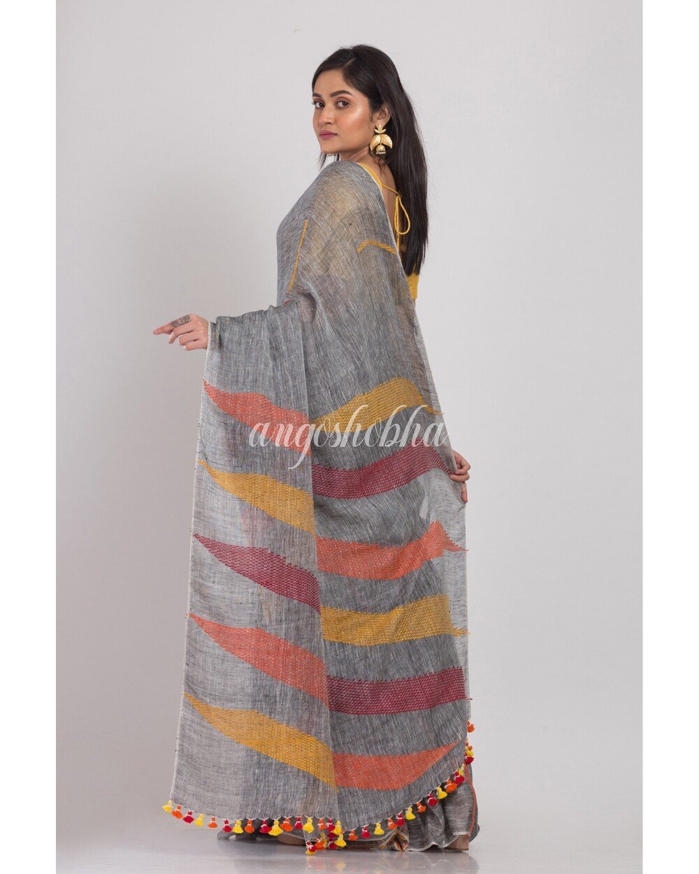 Women's Grey Handloom Linen Saree - Angoshobha