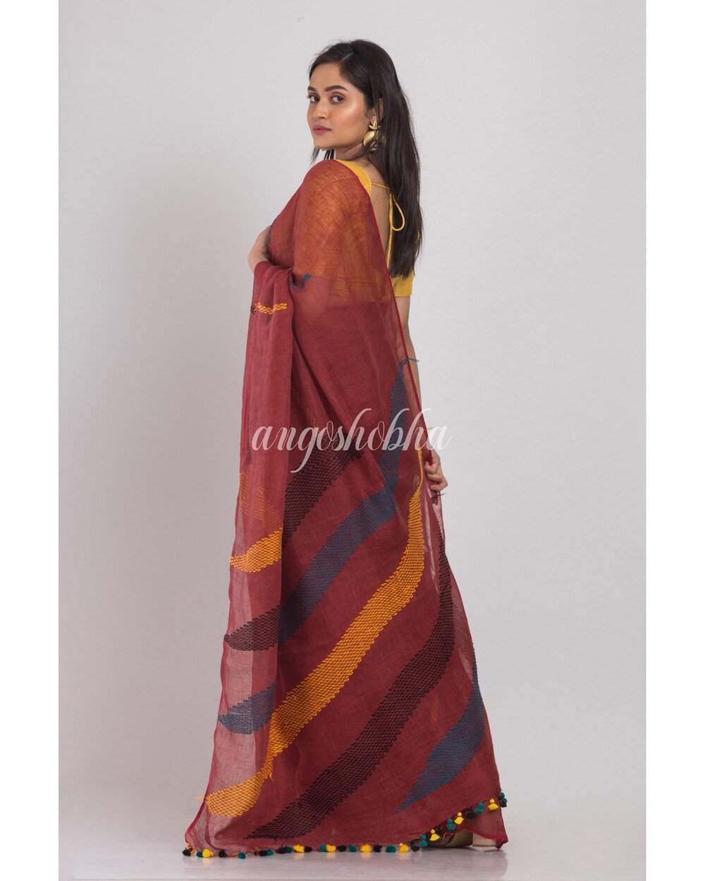 Women's Brown Handloom Linen Saree - Angoshobha
