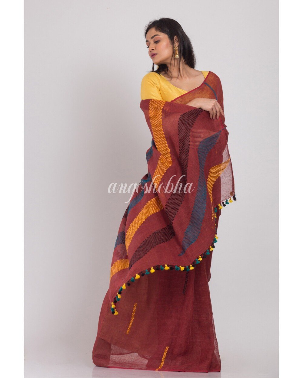 Women's Brown Handloom Linen Saree - Angoshobha
