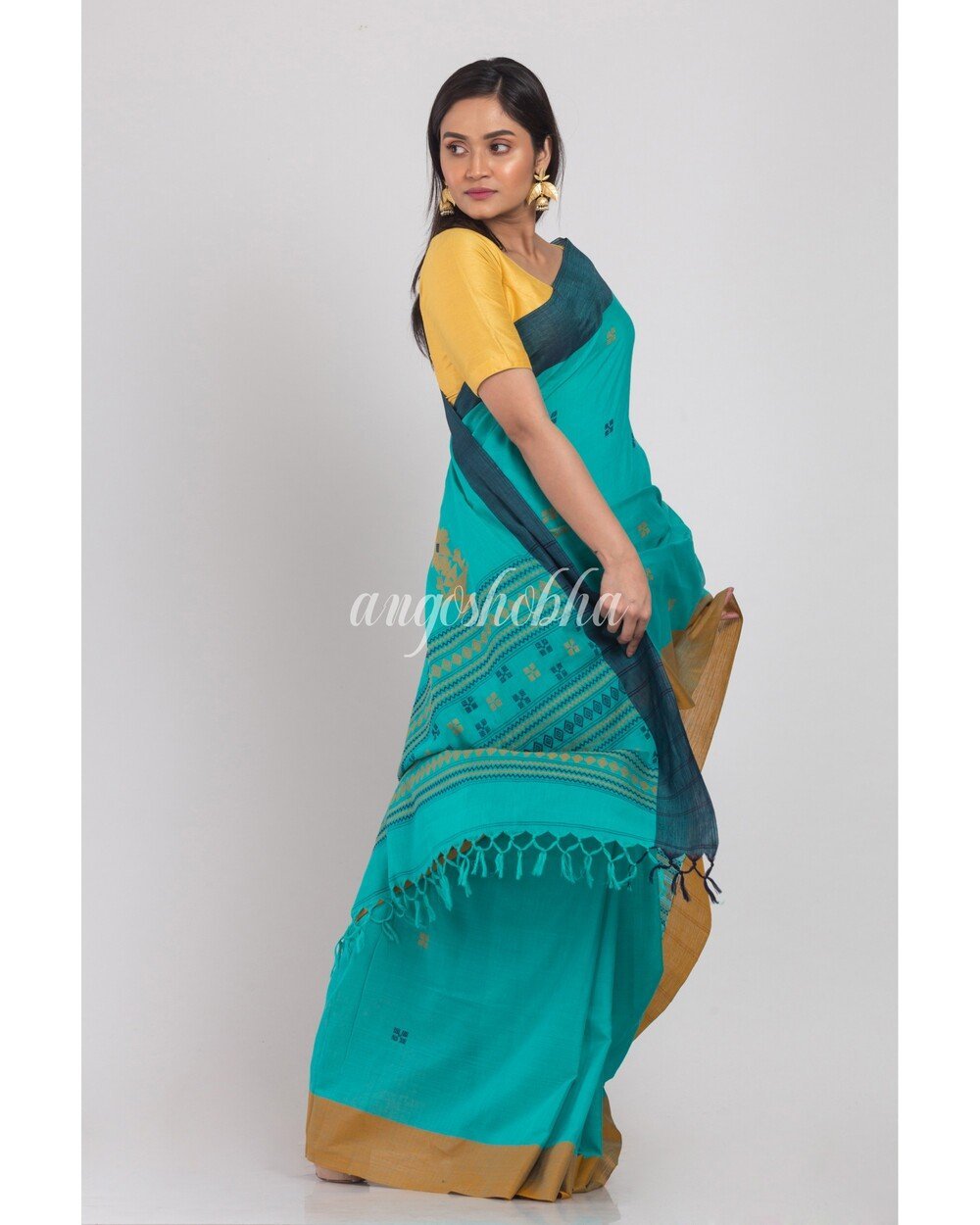 Women's Light Blue Handloom Cotton Saree - Angoshobha