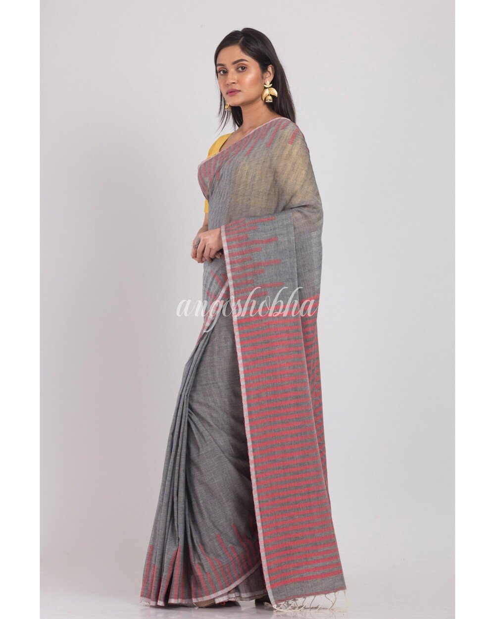 Women's Grey Handloom Cotton Saree - Angoshobha