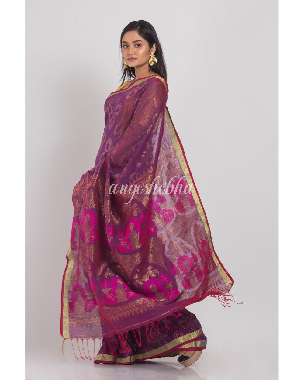 Women's Purple Linen Jamdani Saree - Angoshobha
