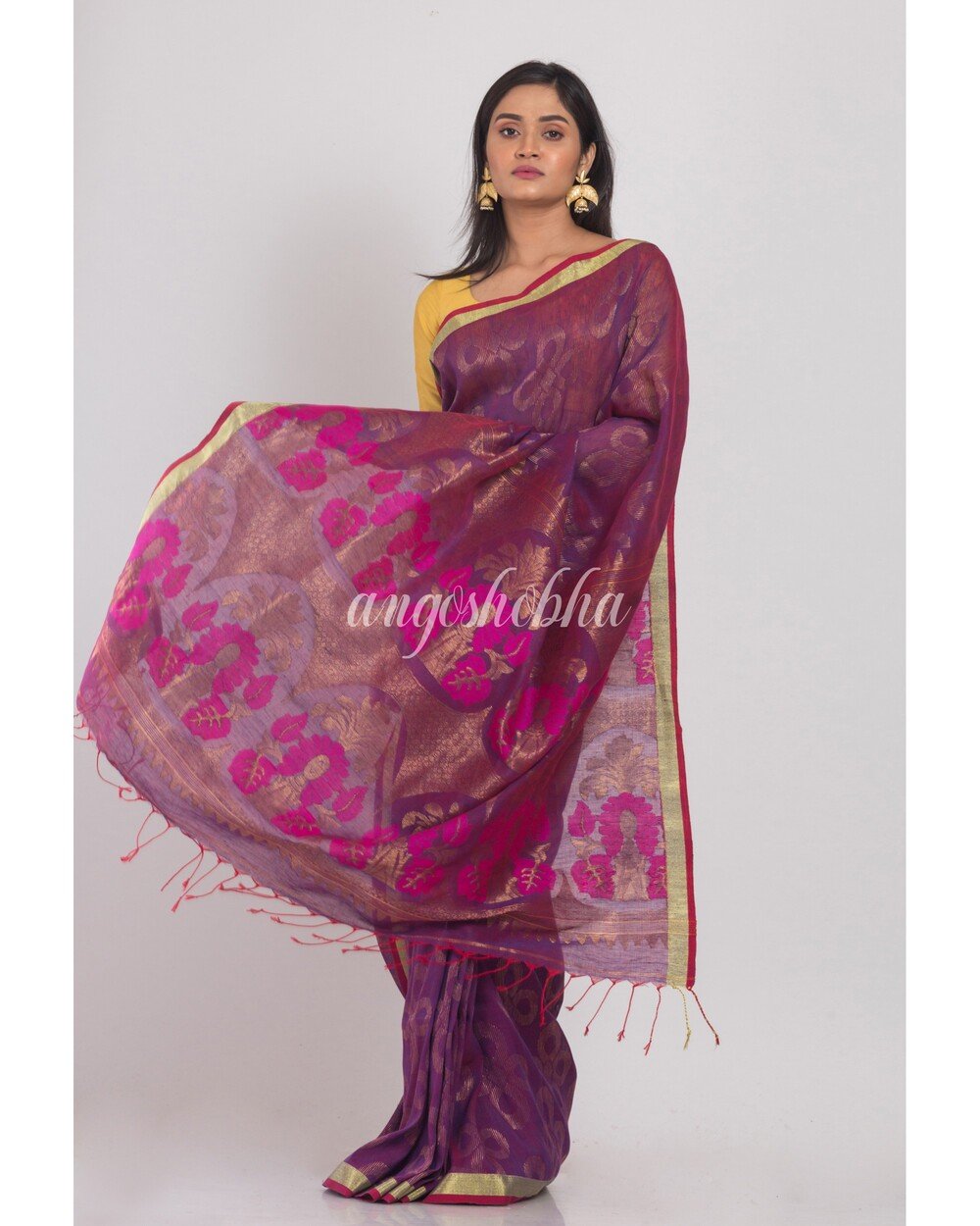 Women's Purple Linen Jamdani Saree - Angoshobha