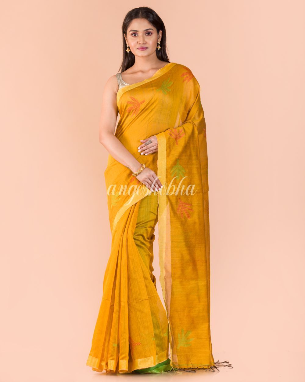 Women's Yellow Blended Cotton Jamdani Saree - Angoshobha