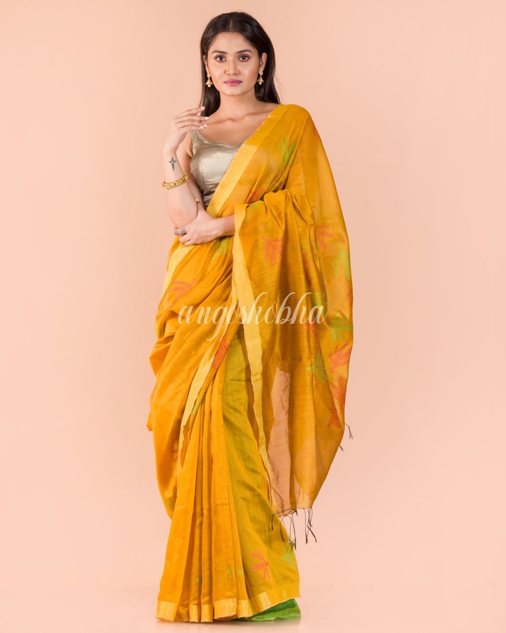 Women's Yellow Blended Cotton Jamdani Saree - Angoshobha