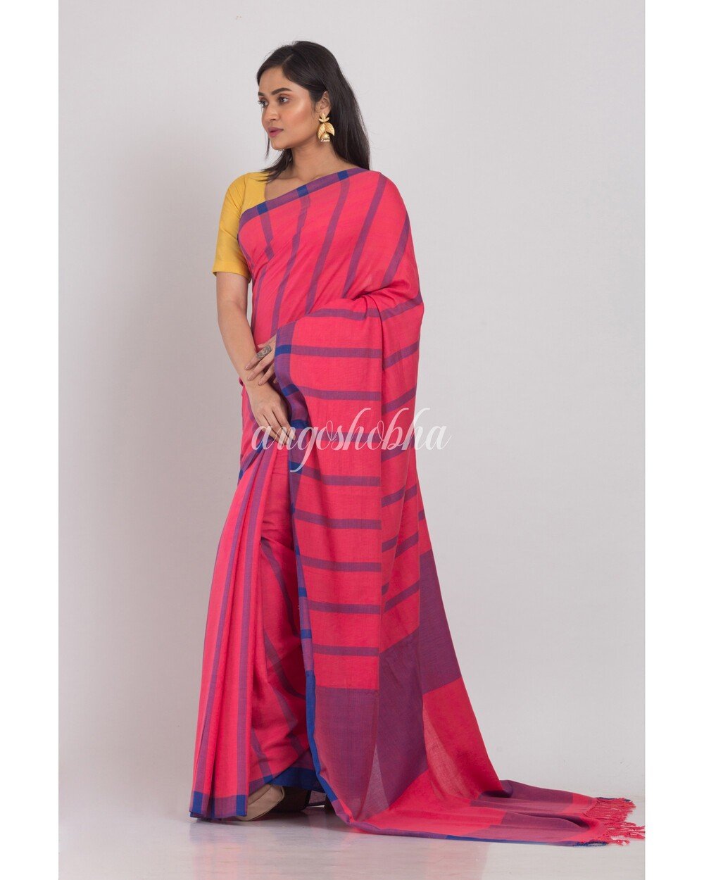 Women's Pink Handloom Cotton Saree - Angoshobha