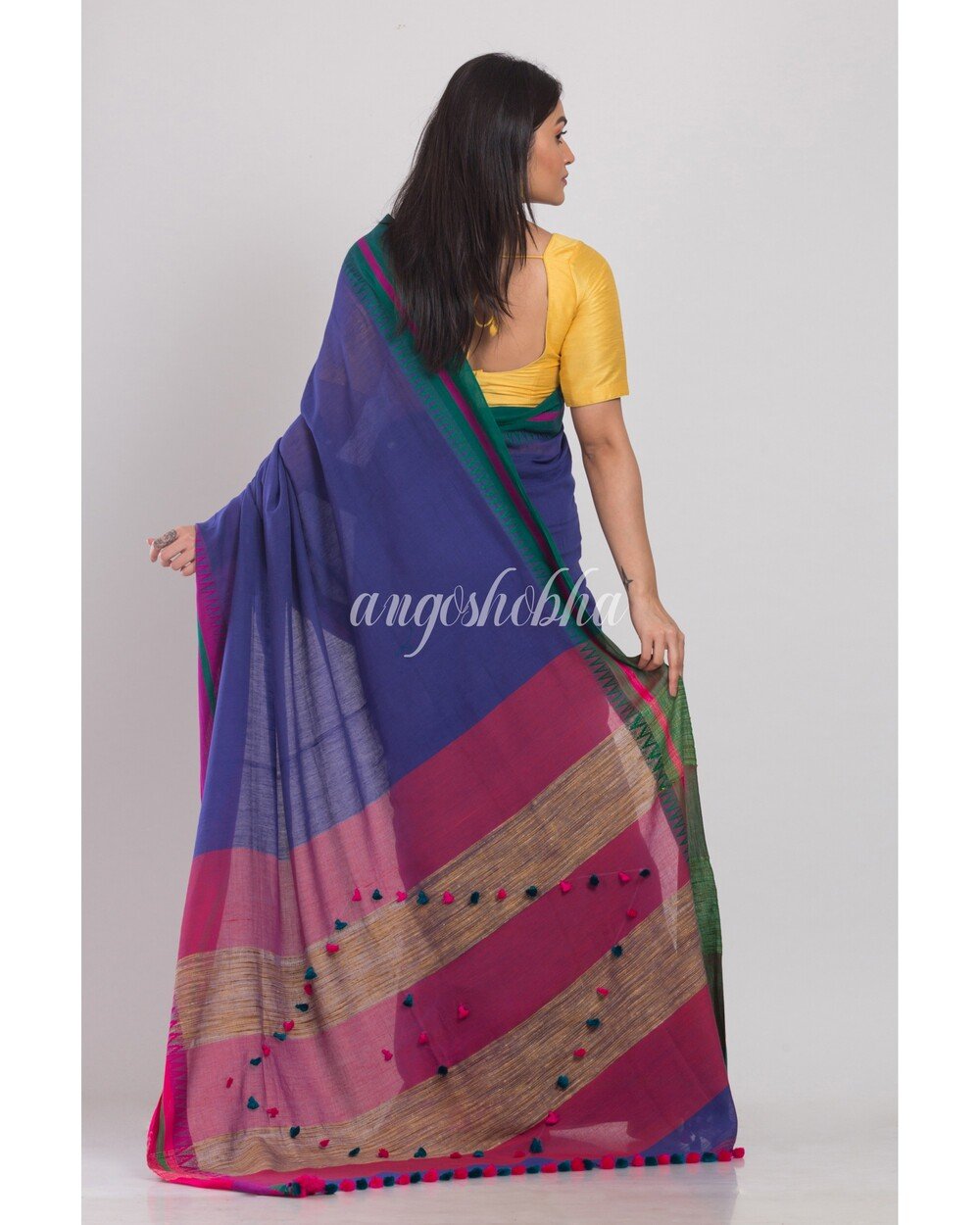 Women's Indigo Handloom Cotton Saree - Angoshobha