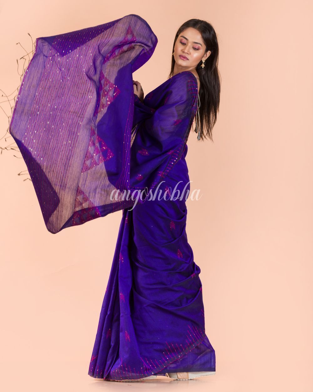 Women's Blue Handloom Blended Cotton Saree - Angoshobha