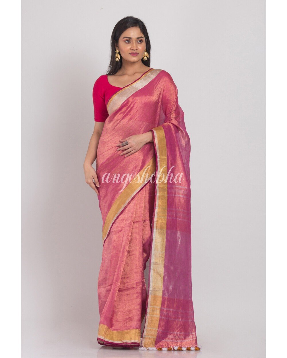 Women's Pink Linen Tissue Handloom Saree - Angoshobha