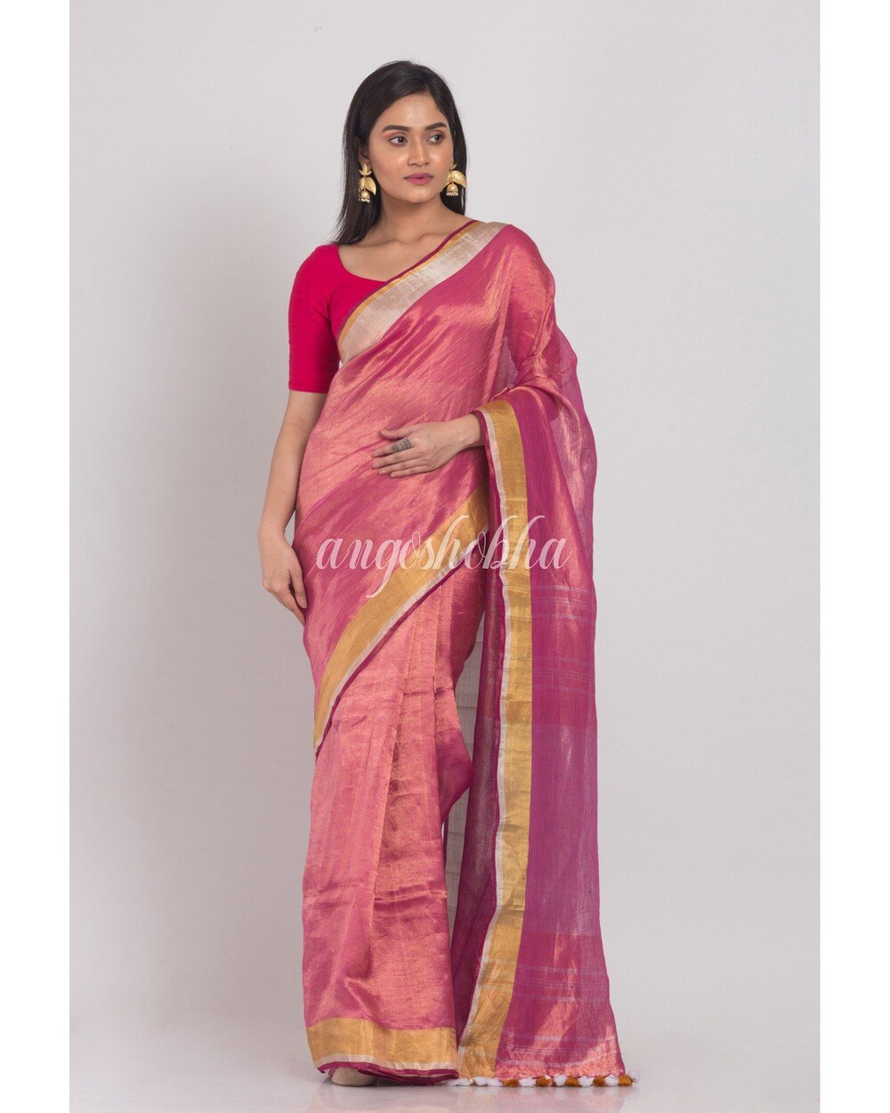 Women's Pink Linen Tissue Handloom Saree - Angoshobha