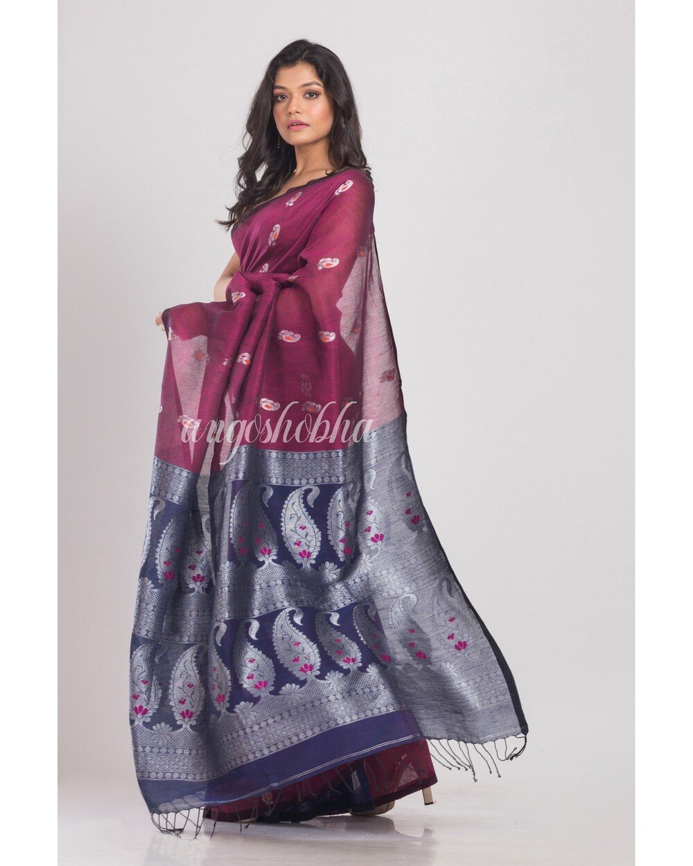Women's Purple Handloom Linen Saree - Angoshobha