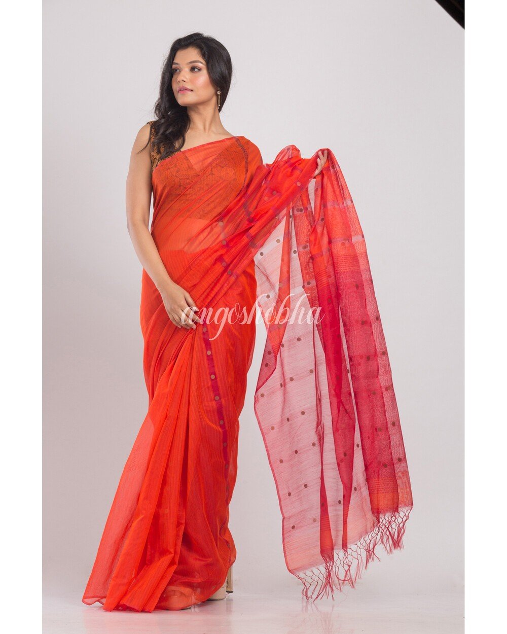 Women's Orange Cotton Silk Handloom Saree - Angoshobha