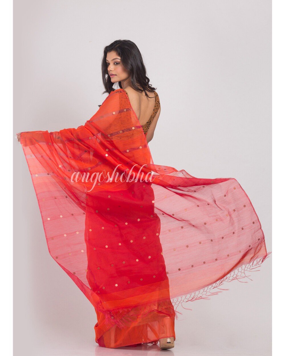 Women's Orange Cotton Silk Handloom Saree - Angoshobha