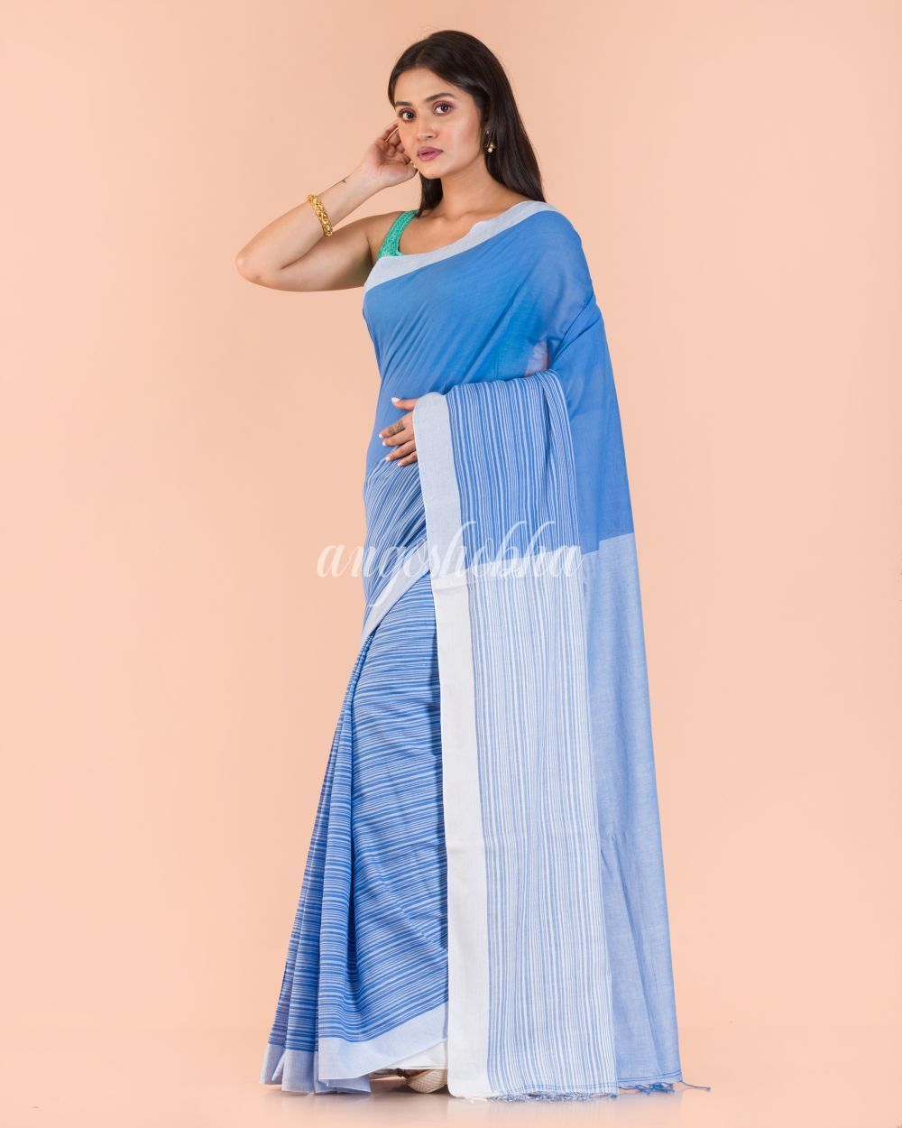 Women's Blue Handwoven Cotton Saree - Angoshobha