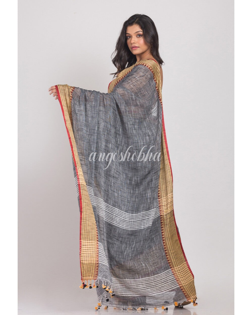 Women's Grey Handloom Soft Cotton Saree - Angoshobha