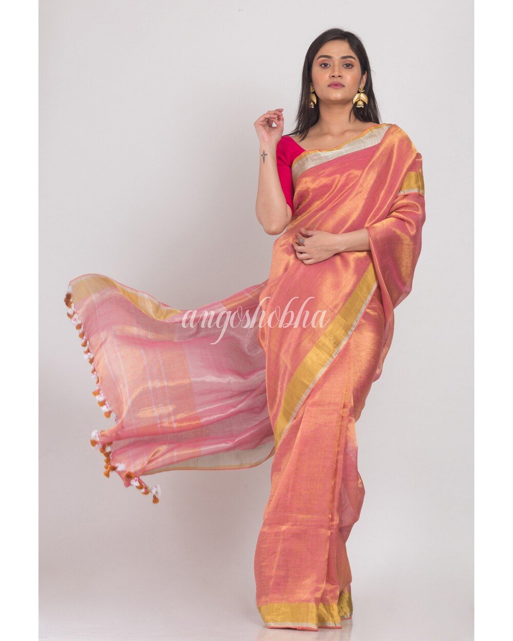 Women's Silver Pink Handloom Tissue Linen Saree - Angoshobha