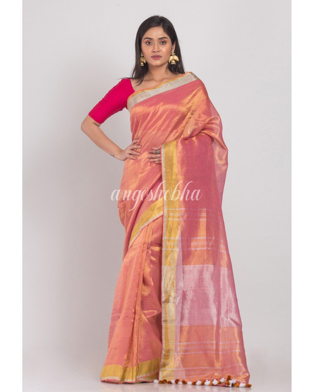 Women's Silver Pink Handloom Tissue Linen Saree - Angoshobha