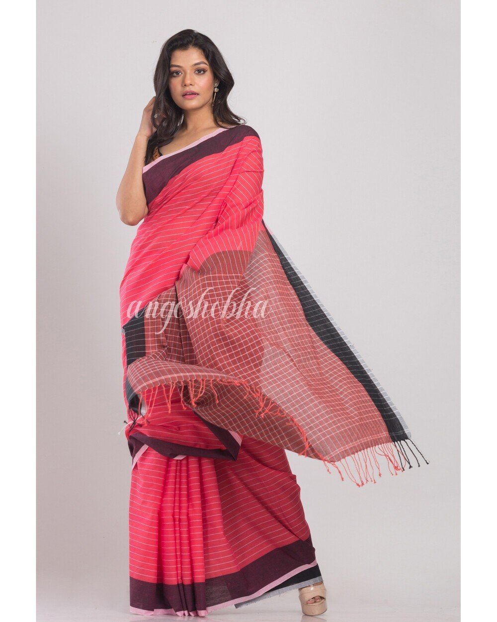 Women's Dark Pink Handwoven Cotton Saree - Angoshobha
