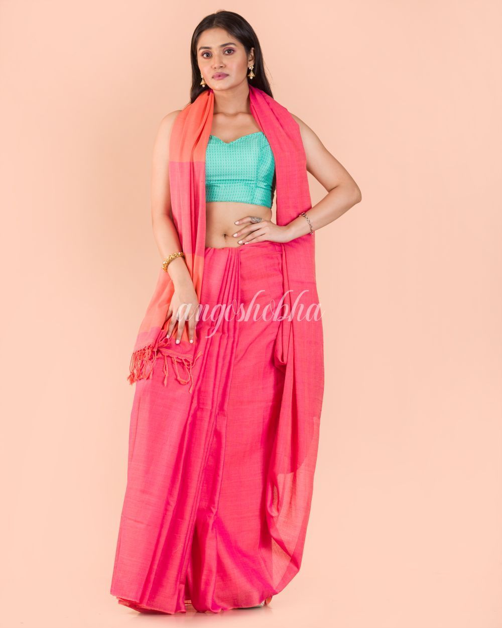 Women's Pink Handwoven Cotton Saree - Angoshobha