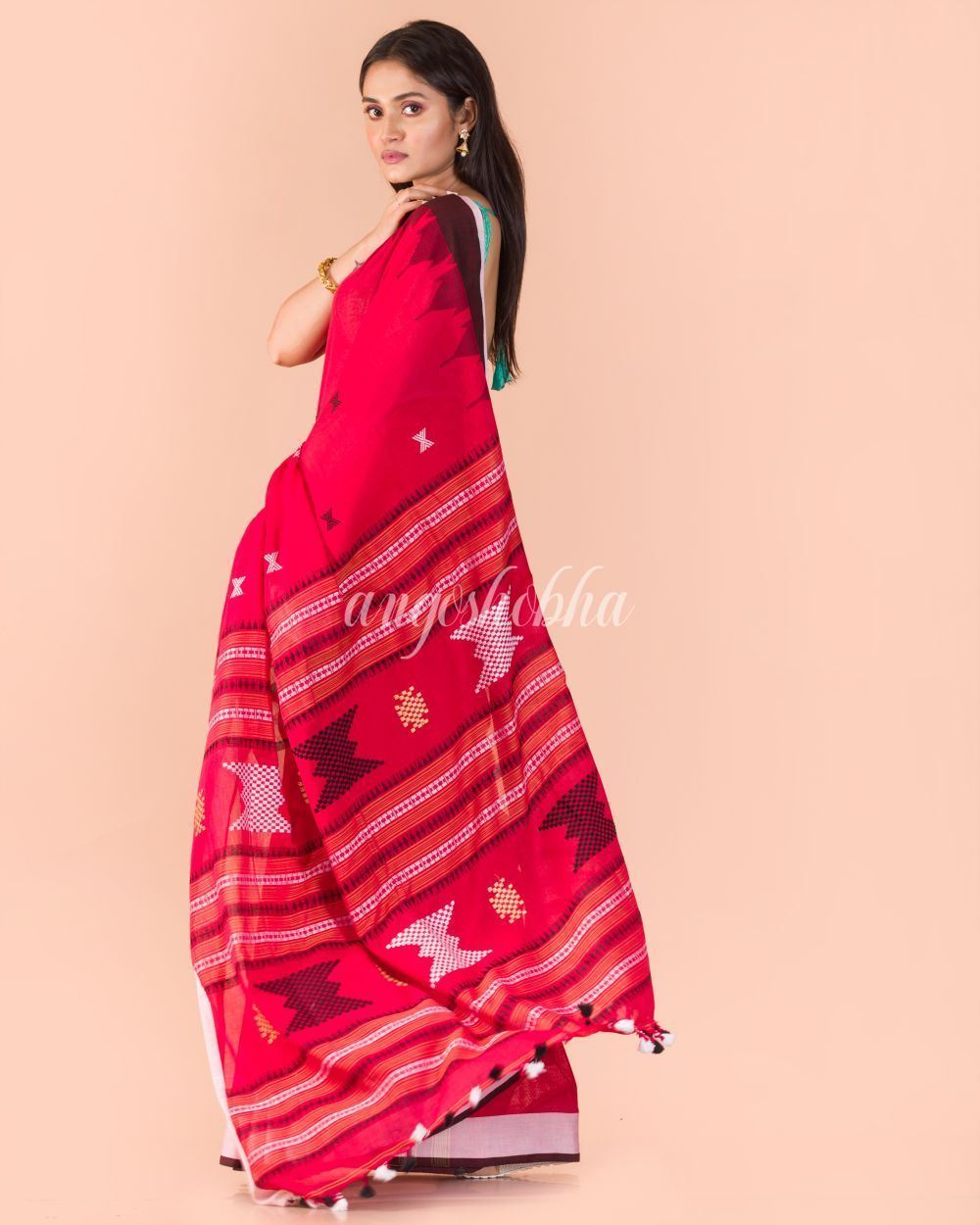 Women's Red Handwoven Cotton Saree - Angoshobha