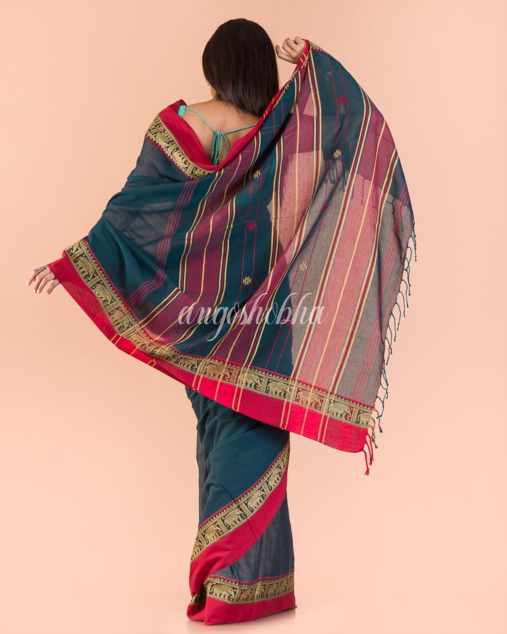 Women's Dark Teal Handloom Cotton Tangail Saree - Angoshobha