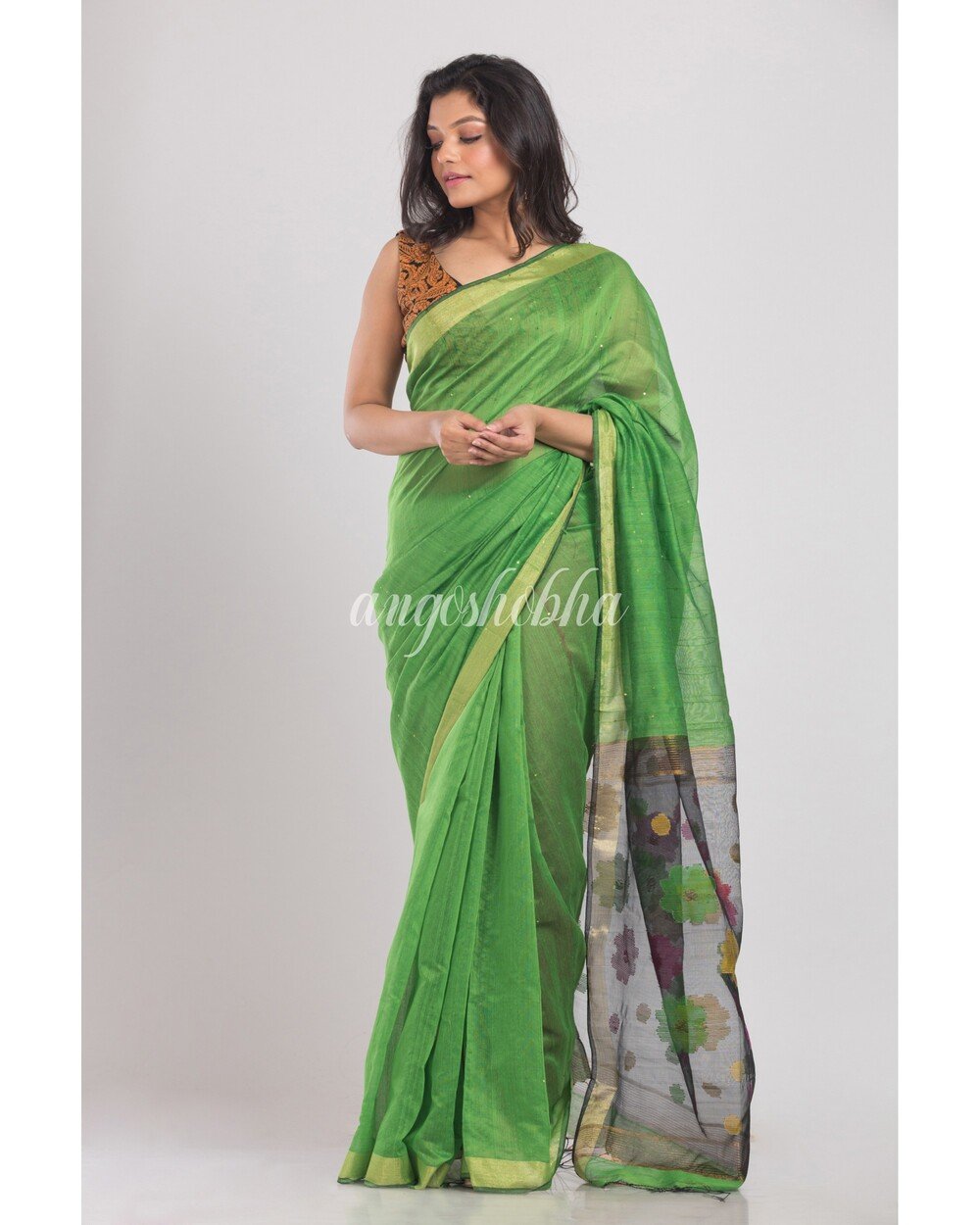 Women's Green Handloom Cotton Silk Saree - Angoshobha