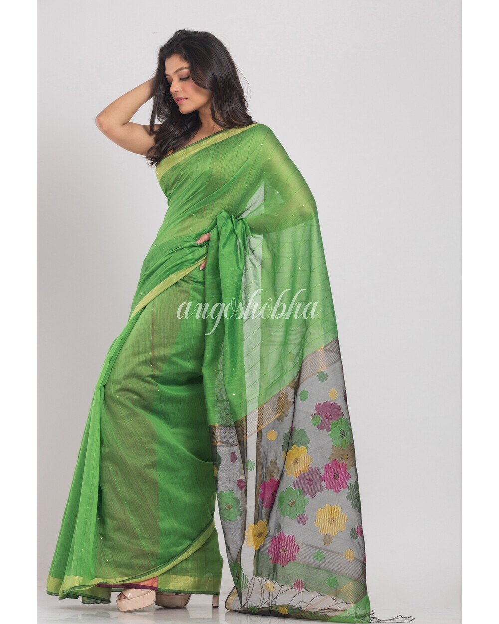 Women's Green Handloom Cotton Silk Saree - Angoshobha