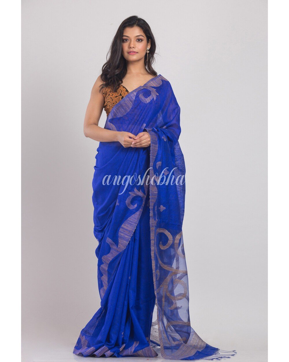 Women's dark Blue Matka Silk Jamdani Saree - Angoshobha