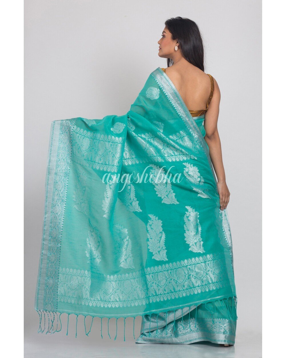 Women's Turquoise Handwoven Linen Saree - Angoshobha