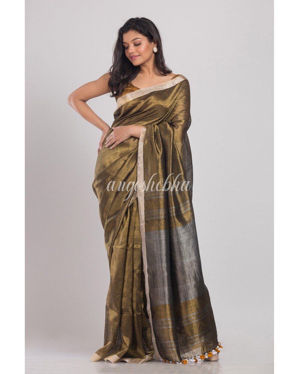 Women's Golden Handwoven Linen Tissue Saree - Angoshobha