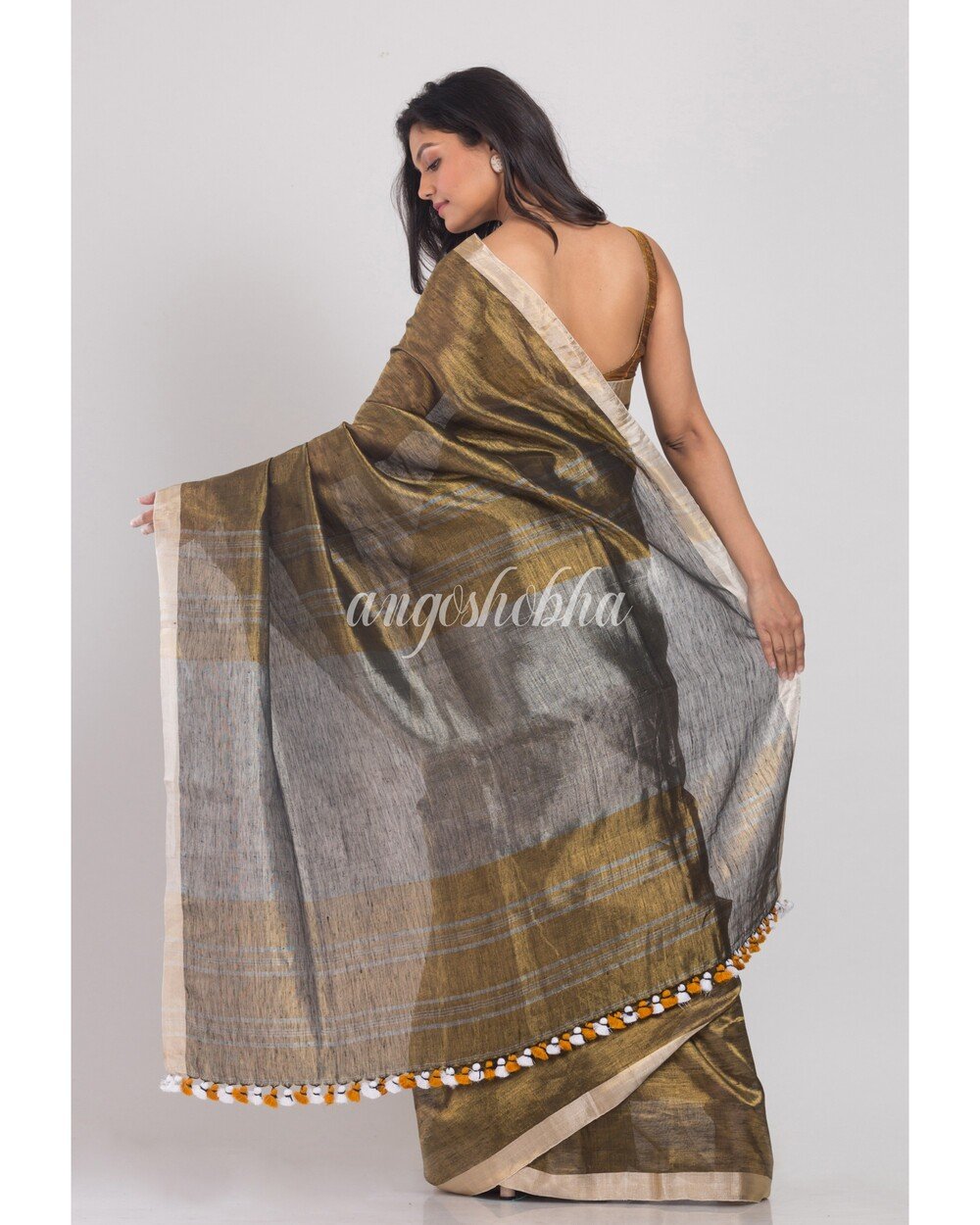 Women's Golden Handwoven Linen Tissue Saree - Angoshobha