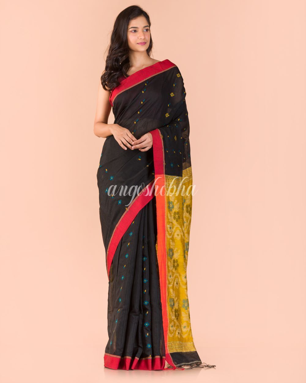 Women's Black Blended Cotton Jamdani Saree - Angoshobha