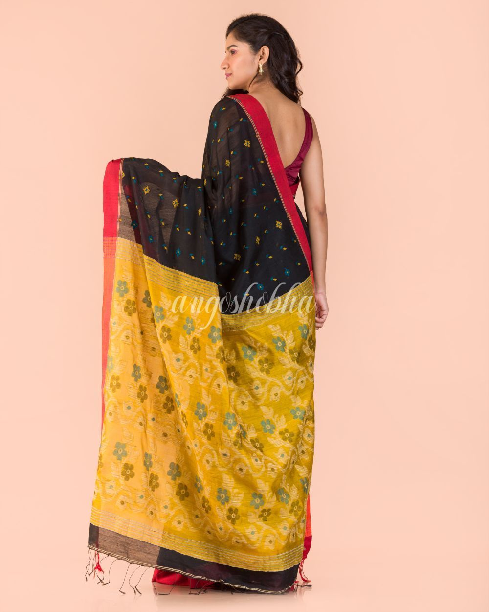 Women's Black Blended Cotton Jamdani Saree - Angoshobha