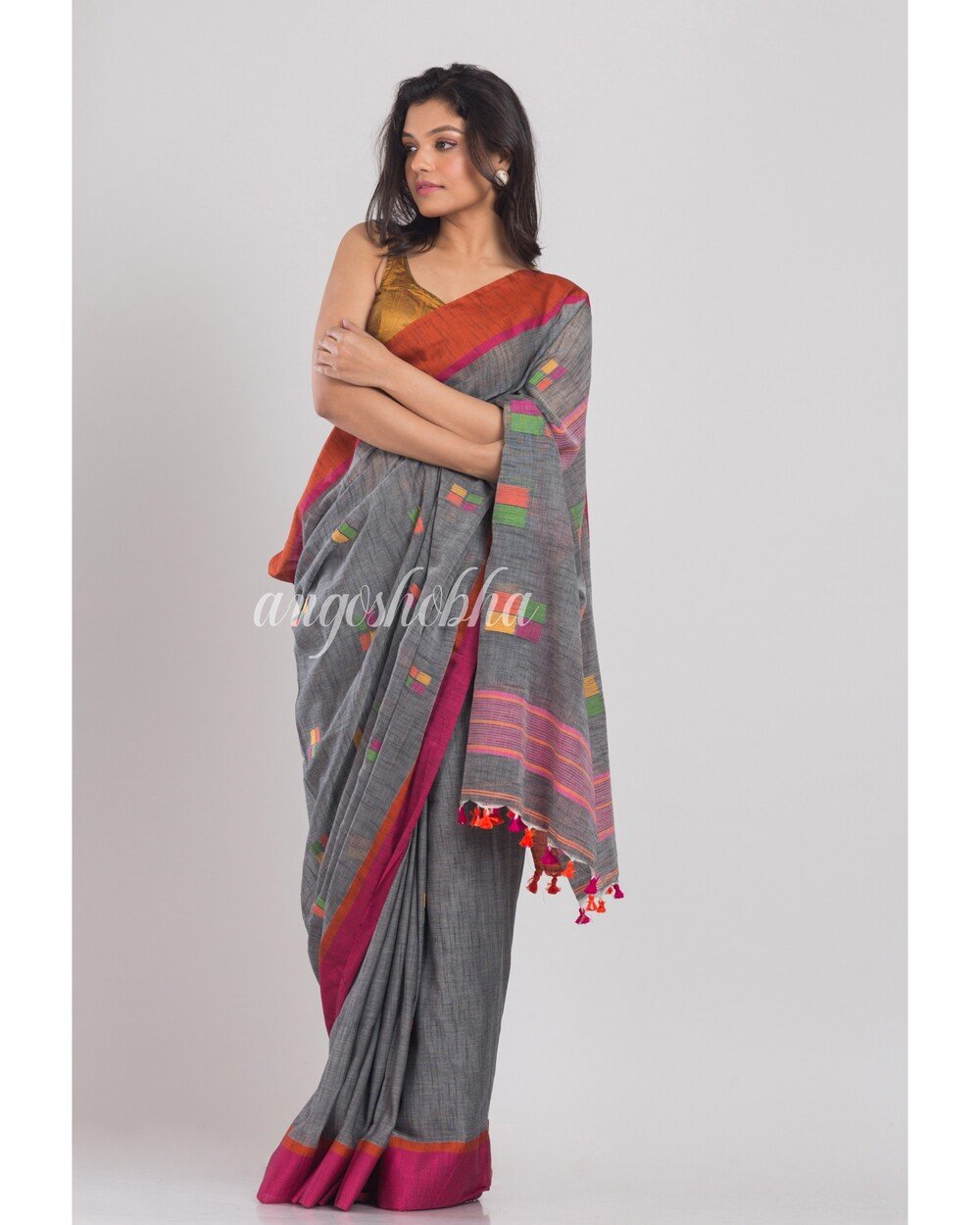 Women's Grey Cotton Jamdani Saree - Angoshobha