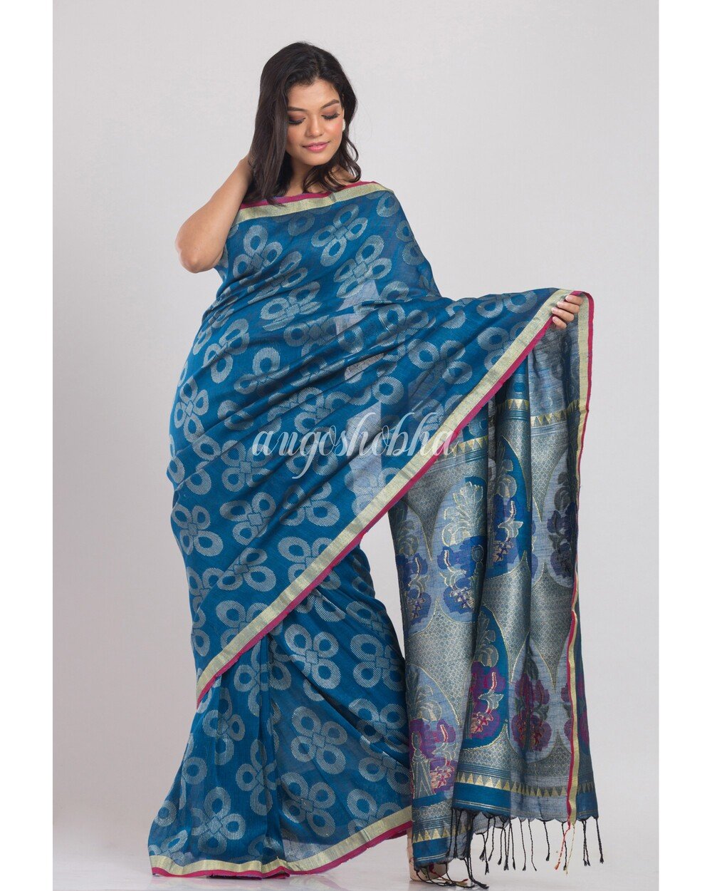 Women's Blue Handwoven Linen Saree - Angoshobha