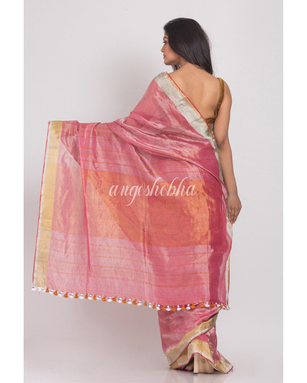 Women's Peach Handwoven Linen Tissue Saree - Angoshobha