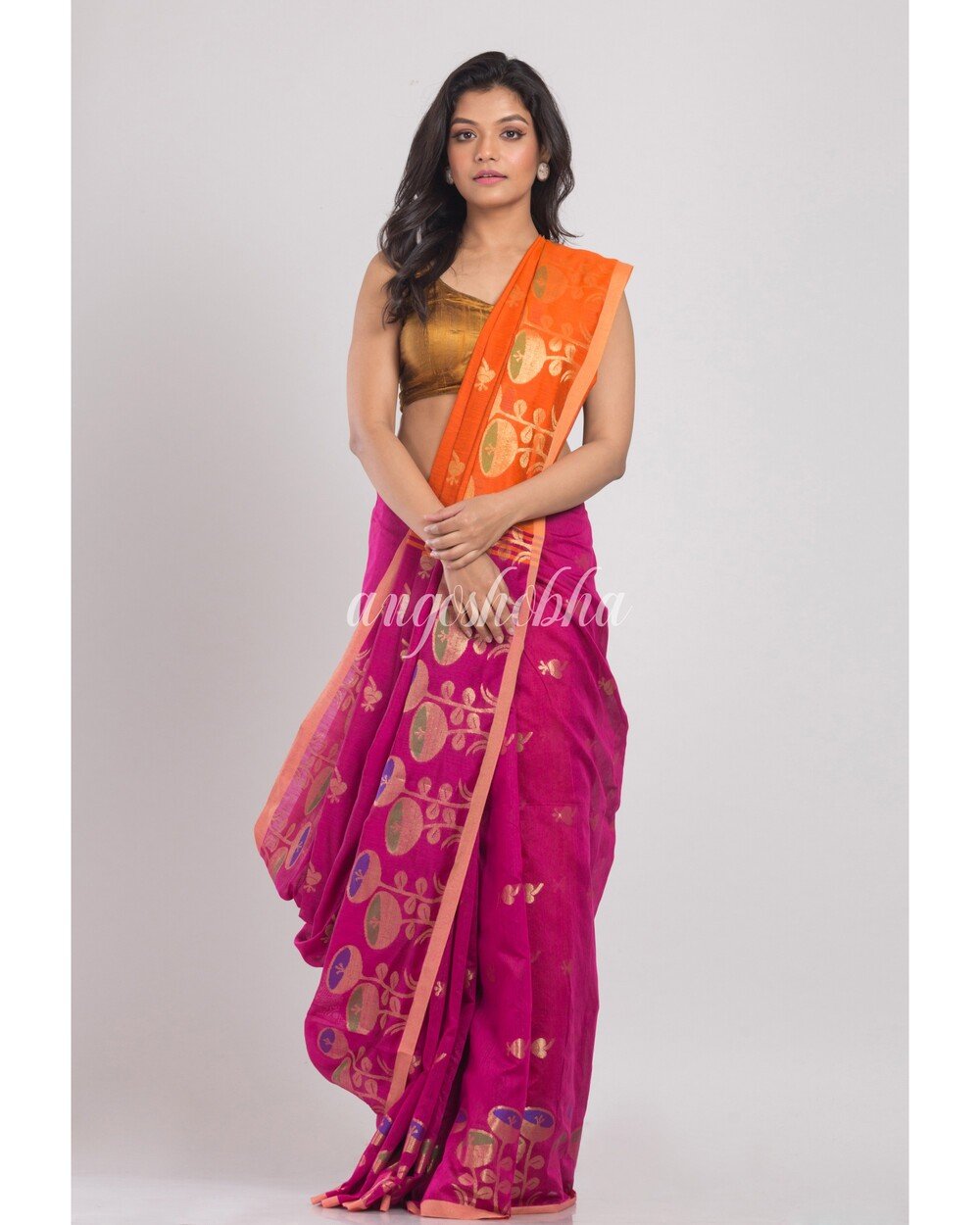 Women's Pink Handwoven Cotton Silk Saree - Angoshobha