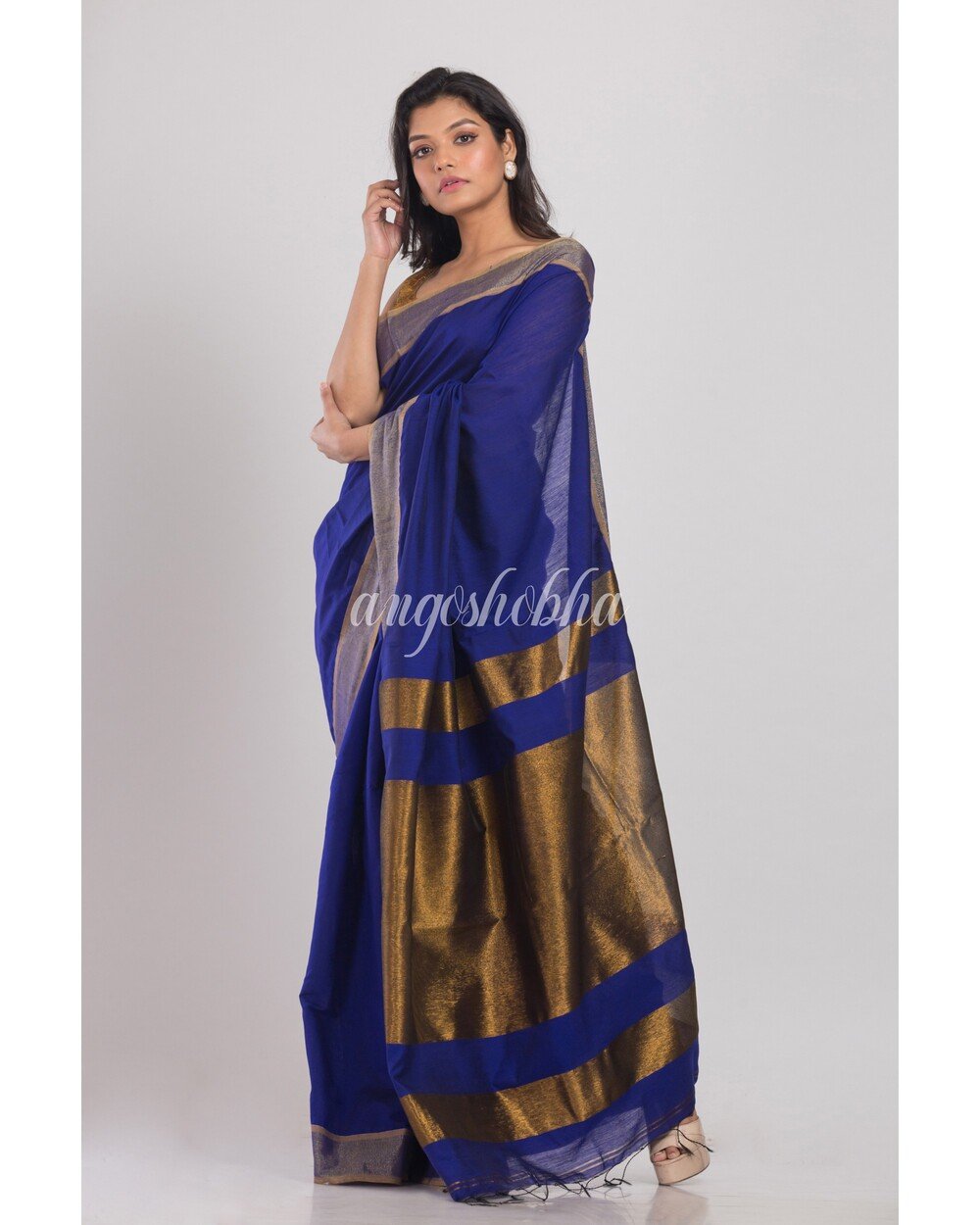 Women's Blue Handwoven Cotton Silk Saree - Angoshobha