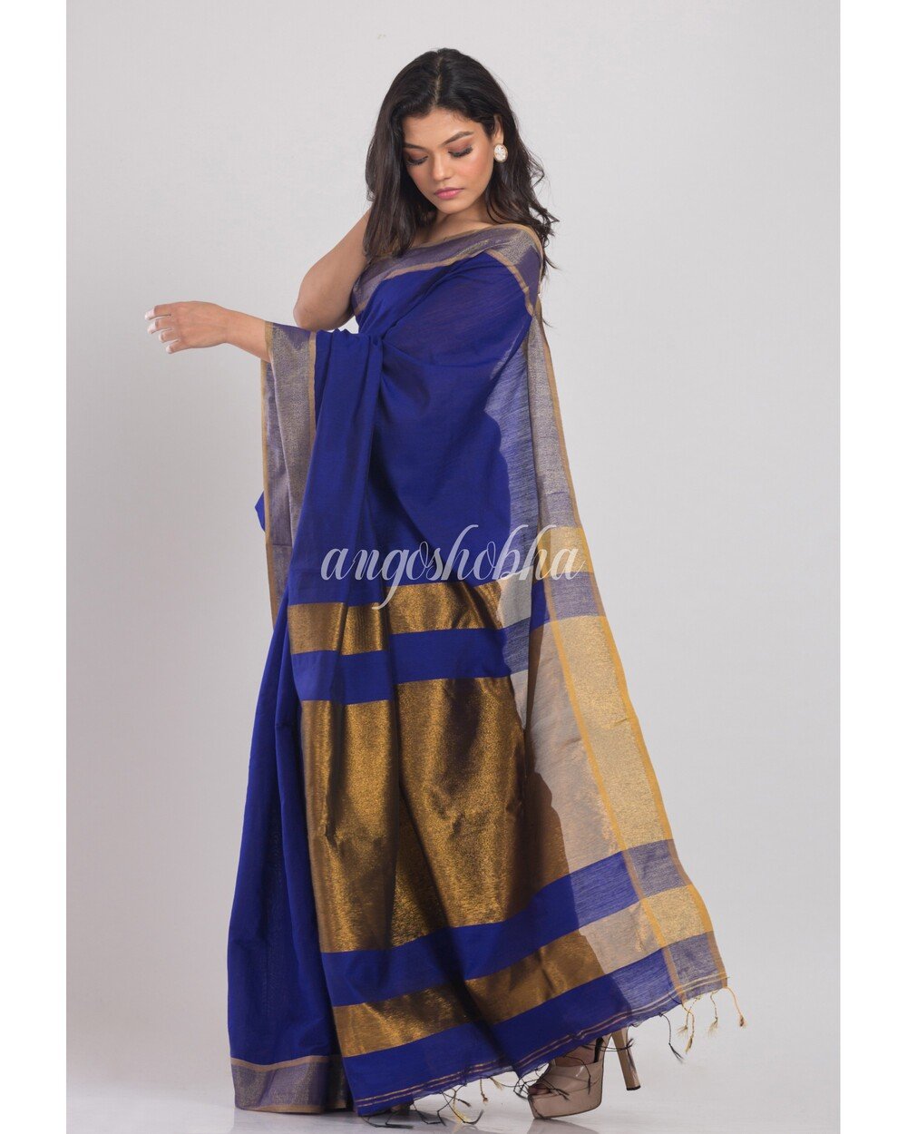 Women's Blue Handwoven Cotton Silk Saree - Angoshobha