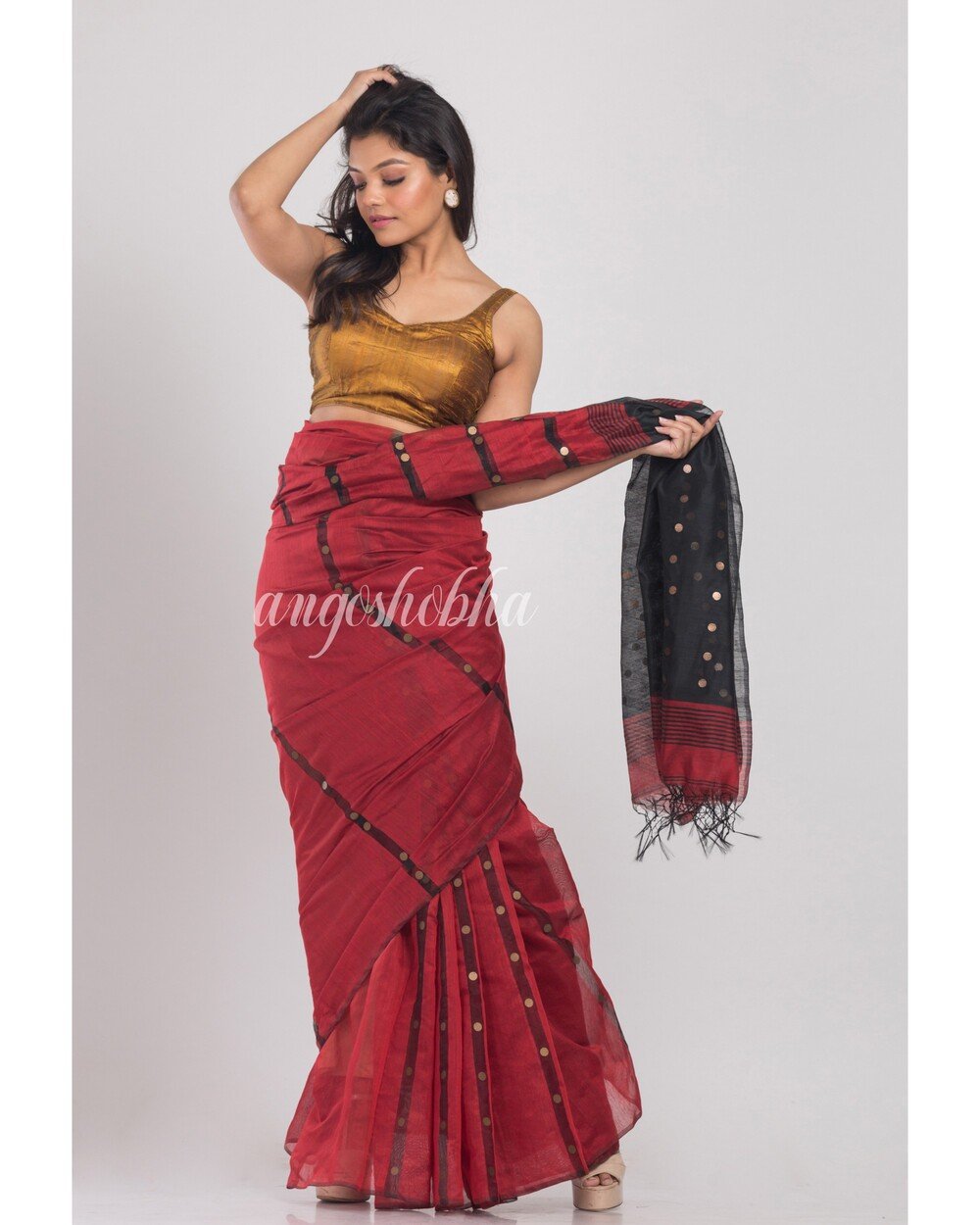 Women's Maroon Handwoven Cotton Silk Saree - Angoshobha