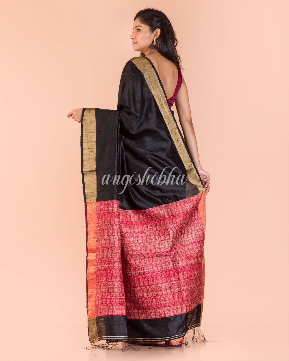 Women's Black Maroon Matka Silk Tangail Saree - Angoshobha