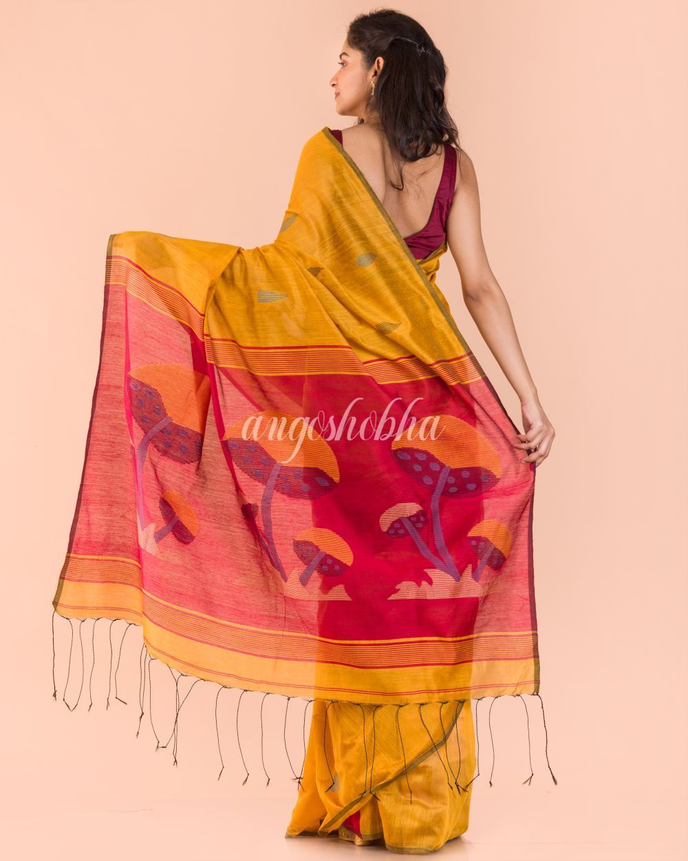Women's Yellow Blended Cotton Handloom Saree - Angoshobha