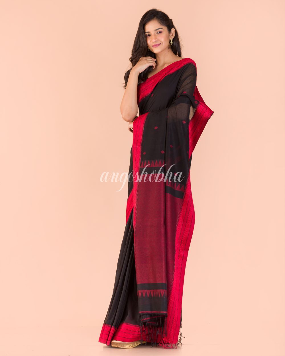 Women's Black Handwoven Cotton Tangail Saree - Angoshobha