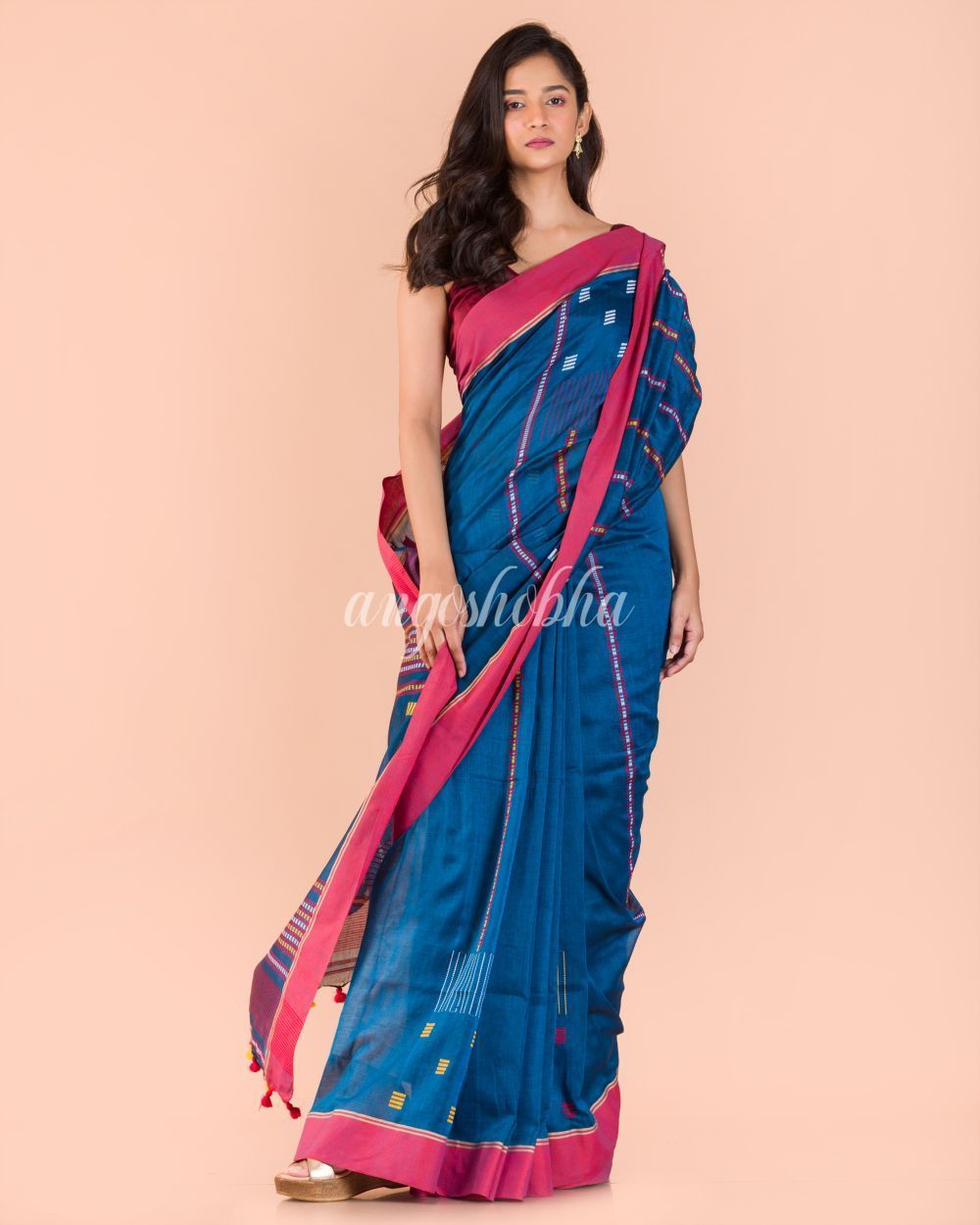 Women's Blue Cotton Jamdani Saree - Angoshobha