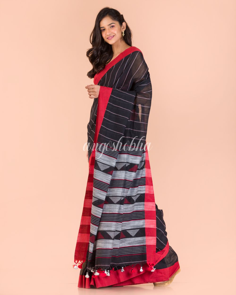 Women's Black Handloom Cotton Saree - Angoshobha
