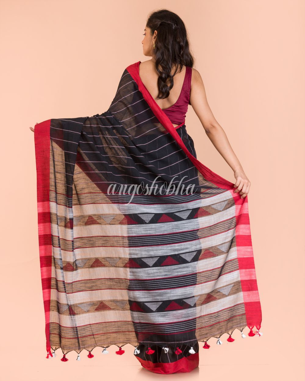 Women's Black Handloom Cotton Saree - Angoshobha